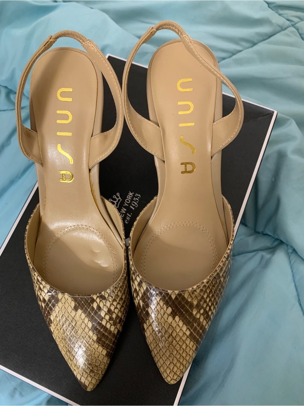 Unisa Tan Snake-Print Pointed Slingback Heels